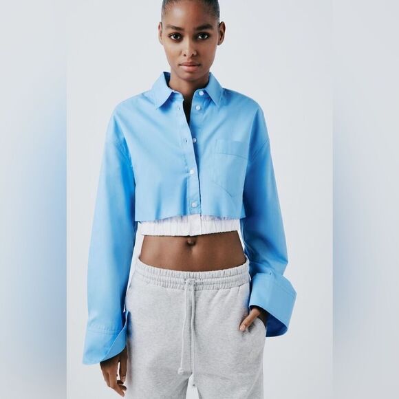 ZARA GABARDINE CROP SHIRT BLUISH - Picture 6 of 6